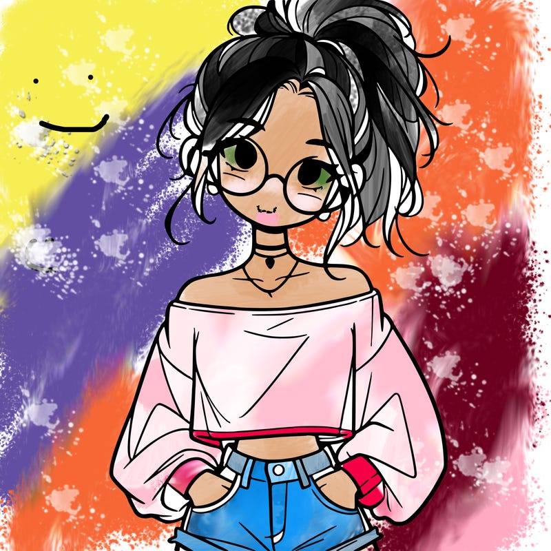 girl with a messy ponytail glasses a baggy crop top and jean shorts
