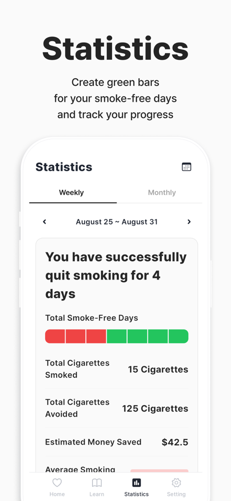 Stop Smoking - Quit Tracker - Weekly statistics screen of the Stop Smoking app showing smoke-free days and money saved