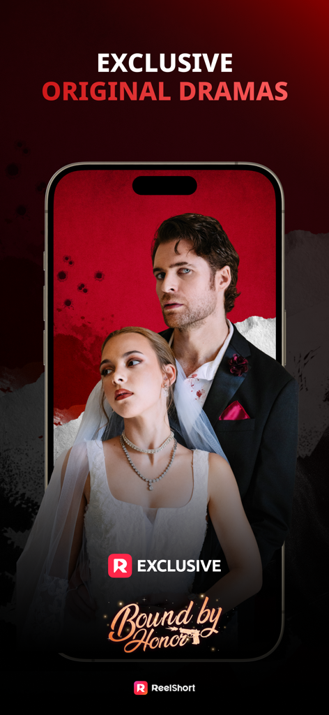 ReelShort - Stream Drama & TV - Una pantalla de teléfono inteligente que muestra un drama original exclusivo titulado Bound by Honor en la aplicación ReelShort