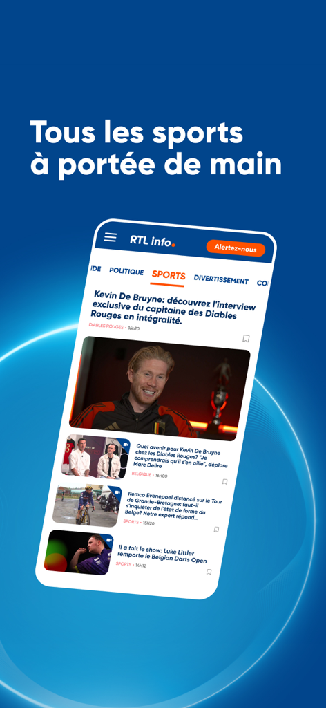 A smartphone screen displaying the sports category in the RTL info app with various Belgian sports news articles and video interviews.