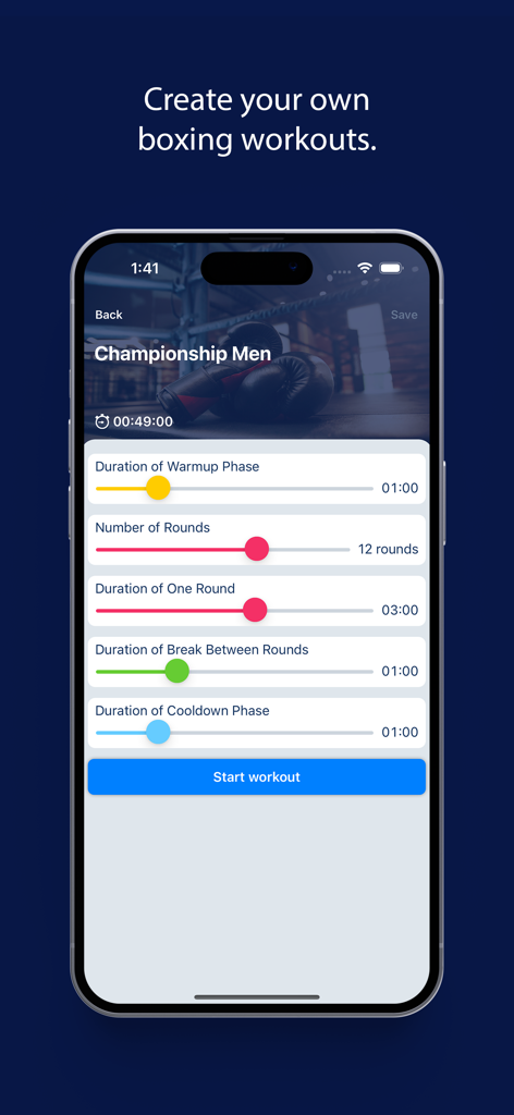 Boxing Coach Workout Timer - Interface for creating a custom boxing workout with adjustable round timers