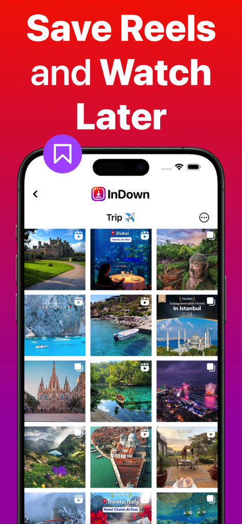 InDown app interface showing a grid of saved travel reels and videos