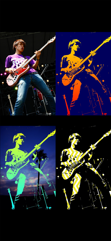 Silhouette - Image Maker App - Uma exibição de quatro painéis de uma foto de músico transformada em vários efeitos de arte de silhueta, incluindo filtros de cores e mesclagem de imagens