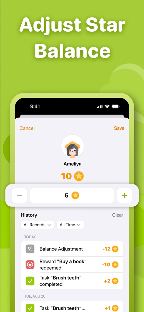 Neat Kid: Daily Kids Chore App - Interface of Neat Kid app showing the adjust star balance screen and chore history for a child