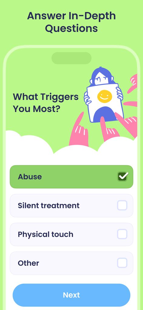 Breeze app questionnaire screen asking What Triggers You Most for mental health and self-discovery