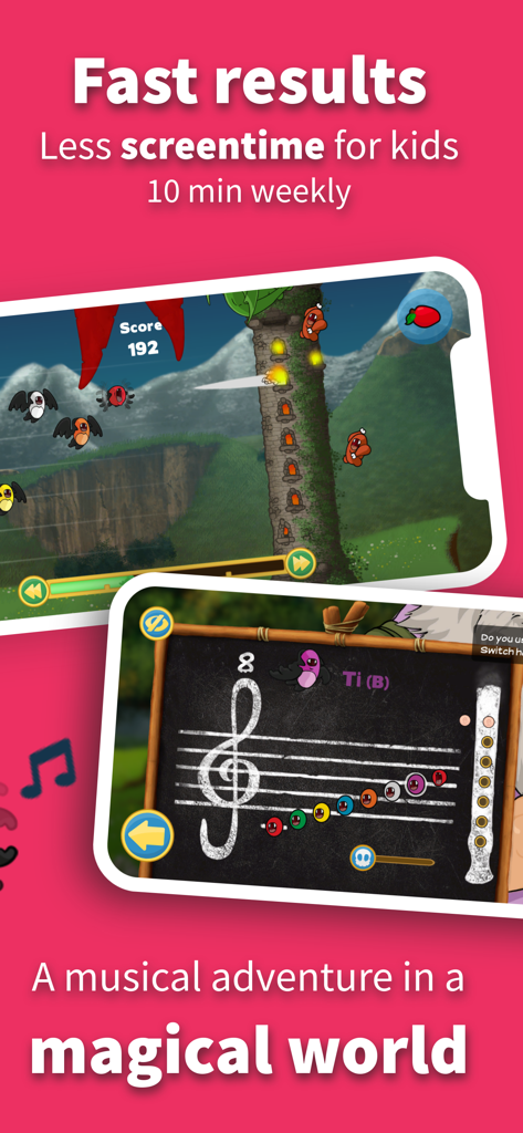Learn recorder: Flute Master - Screenshots der Flute Master App, die spielerische Blockflötenunterricht und Noten für Kinder zeigen