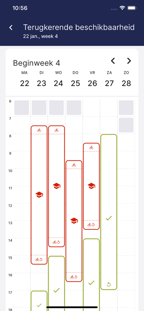 PMT - PMT-App-Mobile Benutzeroberfläche mit einem wöchentlichen wiederkehrenden Verfügbarkeitsplan mit farblich gekennzeichneten Blöcken für Schul- und Arbeitsschichten