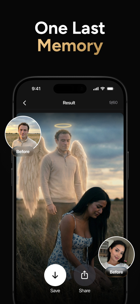 Momo - AI Photo Generator - Momo AI Photo Generator interface showing a memorial photo of a man with angel wings and halo alongside original portraits.