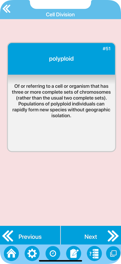 Flashcard showing the definition of polyploid in the Cell Division category of the biology app