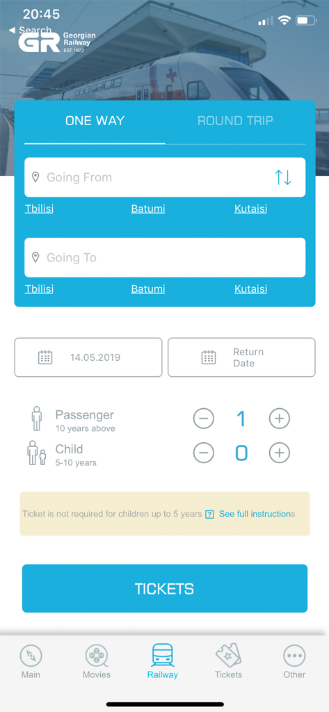Mobile app screen of TKT.GE for booking Georgian Railway train tickets between Tbilisi and Batumi.