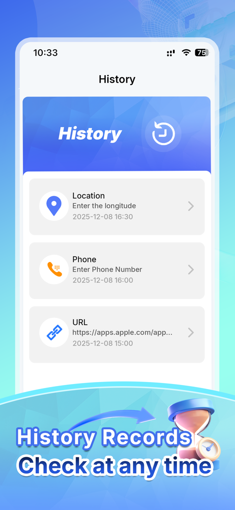 History screen of the QR Code Smart Scanner app showing a list of past scans for locations phone numbers and URLs