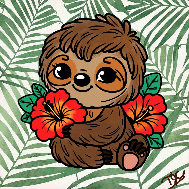 baby sloth holding hibiscus flowers