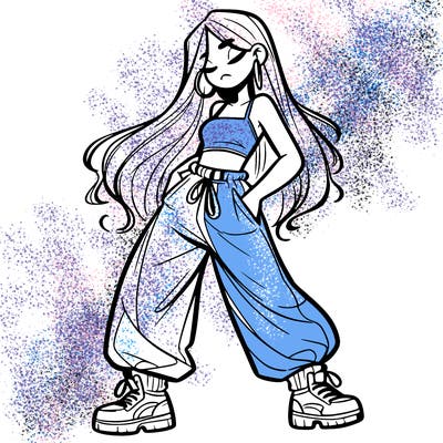 girl in baggy pants crop top and long hair