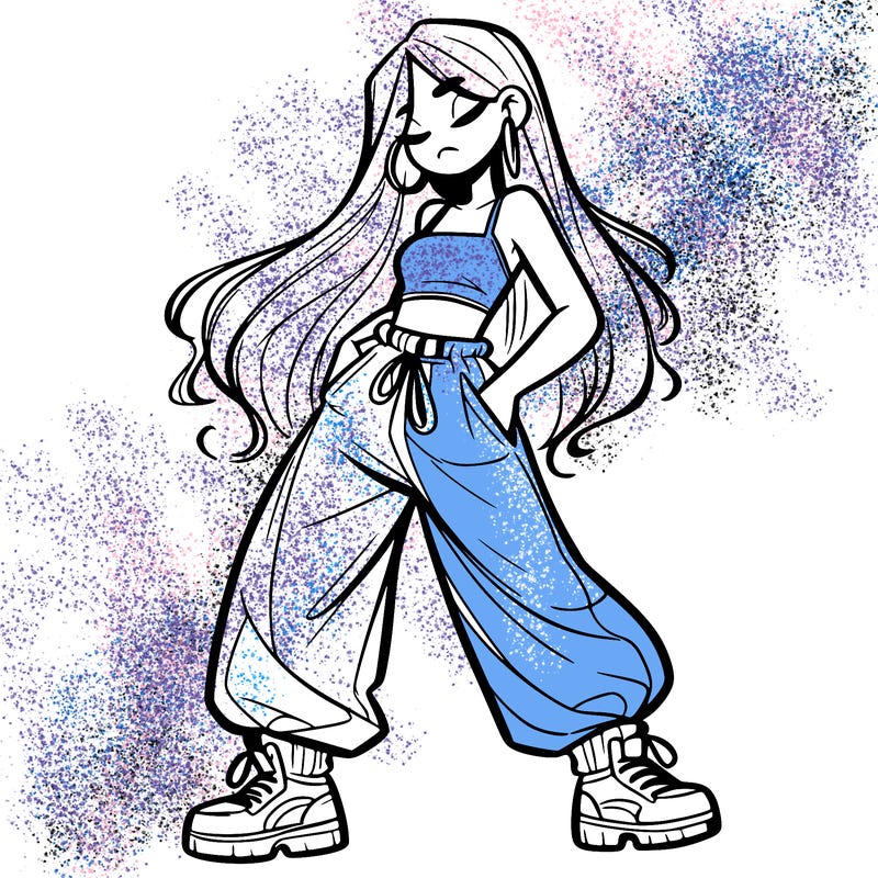 girl in baggy pants crop top and long hair