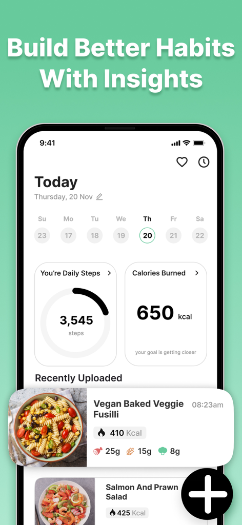 Calorie AI - Food Cal Counter - モバイルアプリのインターフェース。毎日のカロリー追跡、歩数カウンター、栄養情報が記録された食事を表示しています。