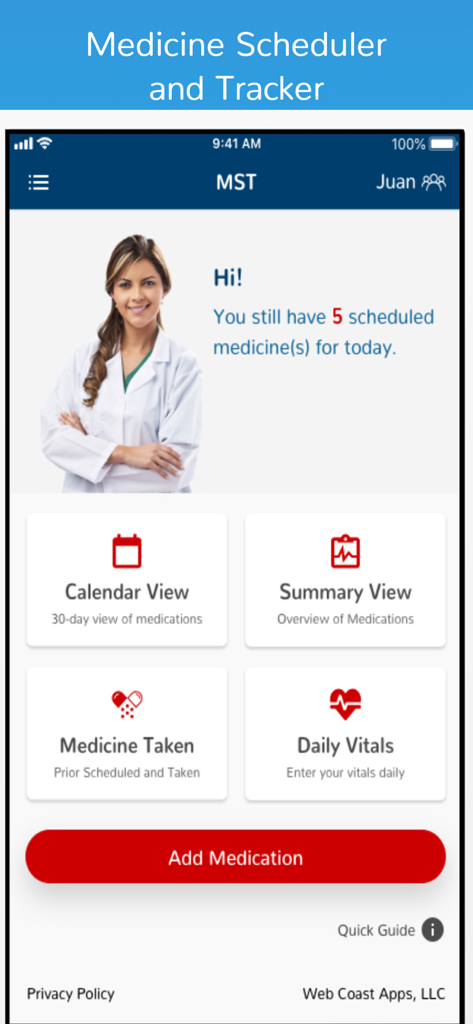 Schermata principale dell'app Medicine Tracker and Scheduler che mostra i promemoria giornalieri dei farmaci e i pulsanti di navigazione principali