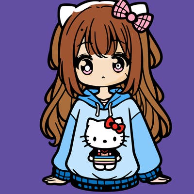 cute anime girl wearing a kuromi from hello kitty sweatshirt