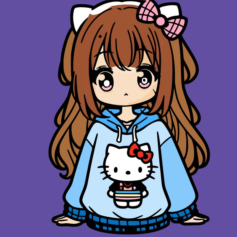 cute anime girl wearing a kuromi from hello kitty sweatshirt