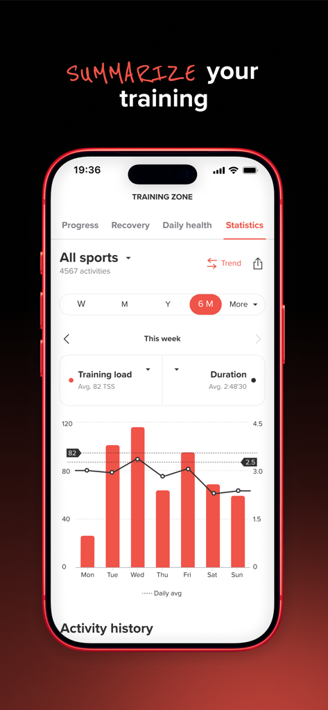 Sports Tracker: Run Bike Hike - Dashboard mit Leistungsstatistiken zeigt wöchentliche Trainingsbelastung und Dauer in der Sports Tracker App