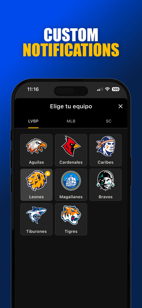 Beisbol Venezuela LVBP 2025 - Pantalla móvil para elegir equipos de béisbol venezolanos favoritos para notificaciones personalizadas