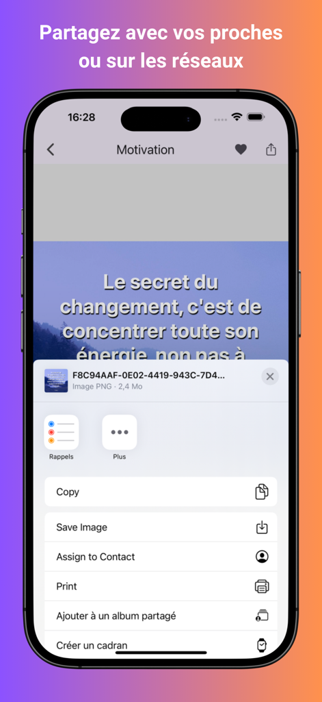 iPhone screen showing the social media sharing options for a motivational quote in the Motivation for leaders app