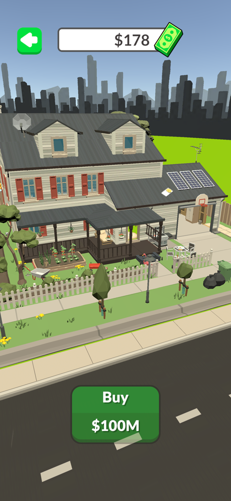 1億ドルで購入ボタンが付いた、Get Rich 3Dモバイルゲームの3D郊外の家。