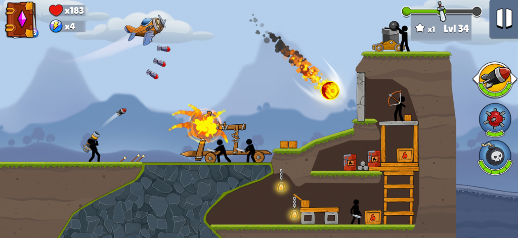 Boom Stick: Bazooka Puzzle - 붐 스틱 바주카에서 스틱맨이 바주카를 사용하여 물리 기반 파괴를 일으키는 모습