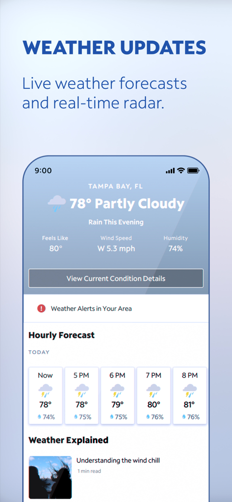 Spectrum News: Local Stories - Spectrum News app weather updates screen showing the local forecast for Tampa Bay Florida