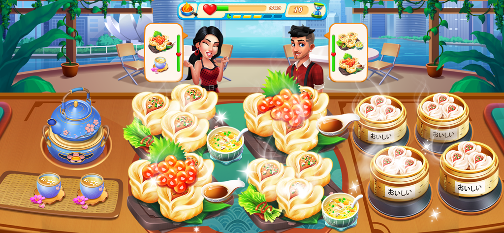 クッキングプレイタイム：テイスティーストリートのゲームプレイ画面。高級ルーフトップレストランでお客様がアジア風点心やスープを注文している様子を示しています。