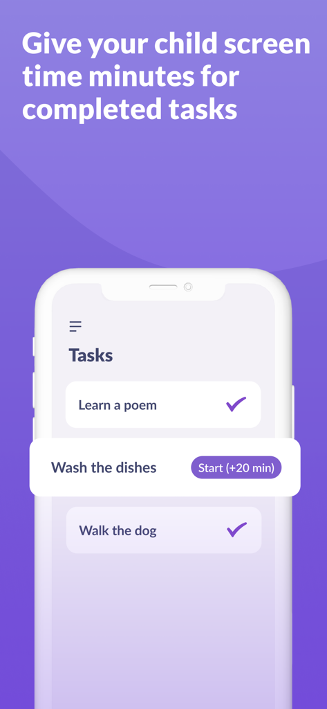 Une interface mobile pour Alli360 montrant une liste de tâches où les enfants peuvent gagner des minutes supplémentaires de temps d'écran en accomplissant des corvées comme laver la vaisselle.