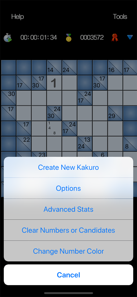 In-game menu overlay for Kakuro u showing options for advanced statistics and number color customization over a logic puzzle board.