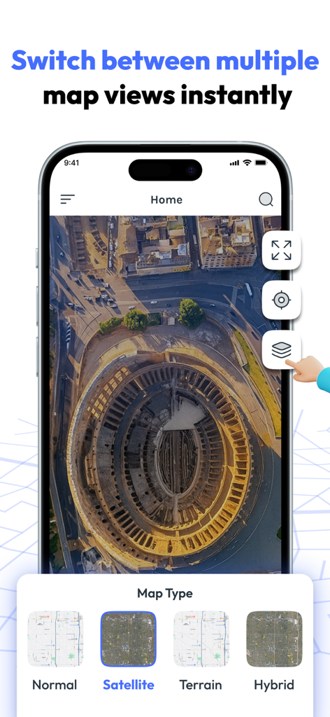 FieldCalc - GPS Area Measure - Interfaz de la aplicación FieldCalc que muestra la vista de mapa satelital y diferentes tipos de mapas como terreno e híbrido.
