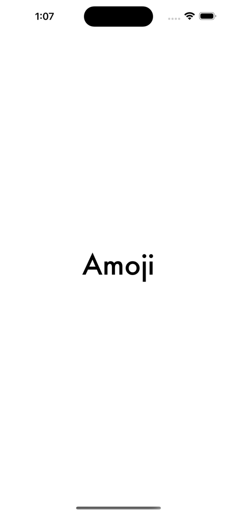 Amoji app launch screen showing the brand name on a clean white background