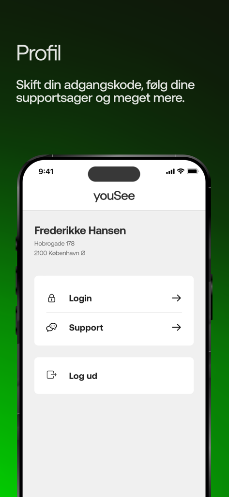 Mit YouSeeモバイルアプリケーションのユーザープロフィールインターフェース。アカウント管理オプションが表示されています。
