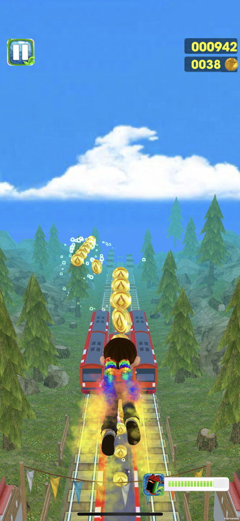 Railway Run -- Street Escape - A character flies with a jetpack over trains while collecting gold coins in the Railway Run mobile game