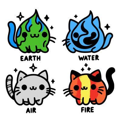 4 cats that represent the different elements, earth, water, air, and fire