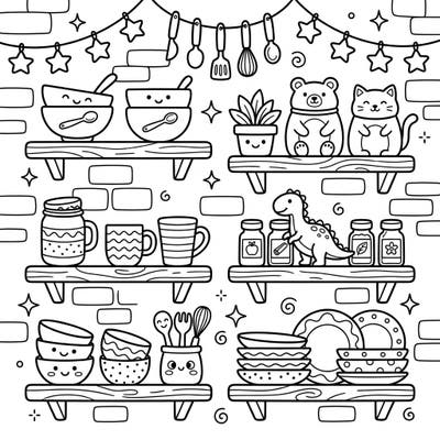Bring a charming kitchen scene to life with this delightful coloring page featuring whimsical wall shelves. Packed with cute bowls, mugs, playful figurines, and cooking tools, it's perfect for young artists eager to add their vibrant touch.