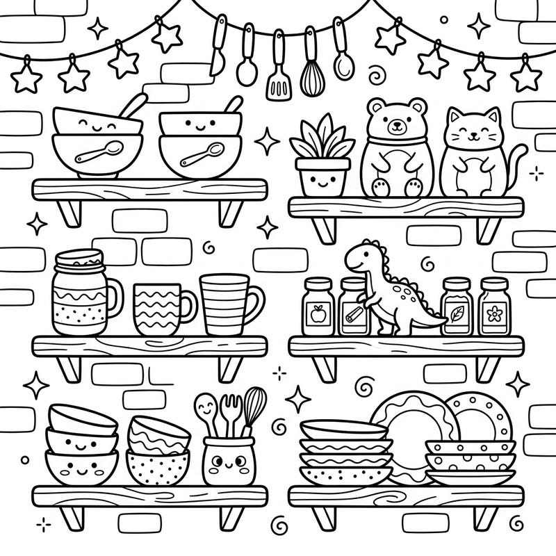 Bring a charming kitchen scene to life with this delightful coloring page featuring whimsical wall shelves. Packed with cute bowls, mugs, playful figurines, and cooking tools, it's perfect for young artists eager to add their vibrant touch.