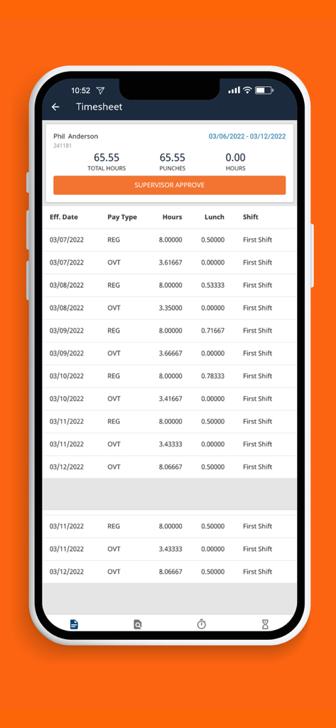 TimeStar Mobile - A mobile timesheet view in the TimeStar Mobile app showing daily work hours and supervisor approval button