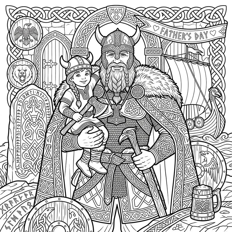 Embark on a creative journey with this magnificent Viking King and child coloring page, specially designed for Father's Day. Featuring rich Norse details and a heartwarming scene, it's perfect for celebrating heroic dads.