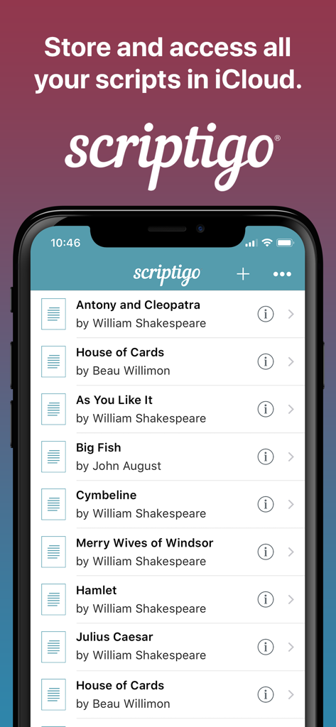 Scriptigo Pro mobile app interface showing a list of scripts in the library stored in iCloud