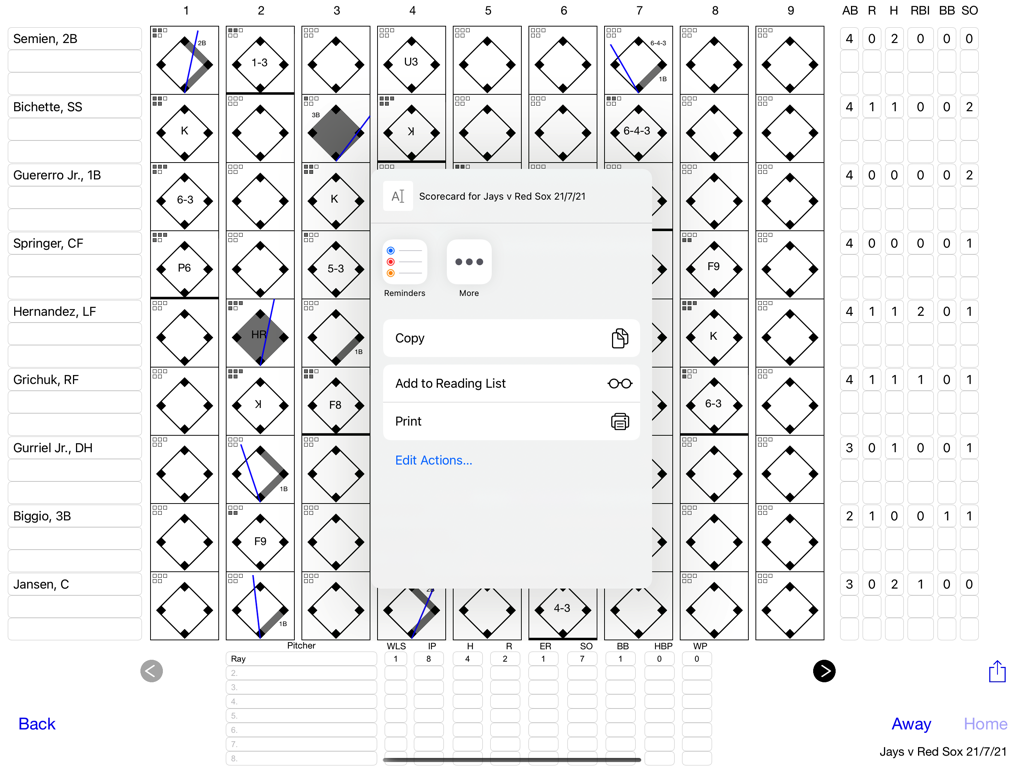 Scorecards - Digital baseball scorecard interface on iPad showing player lineup and export menu options