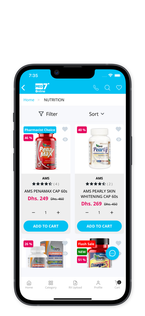 MED7 Online - Med7 Online mobile app showing nutrition supplements with prices and discount tags