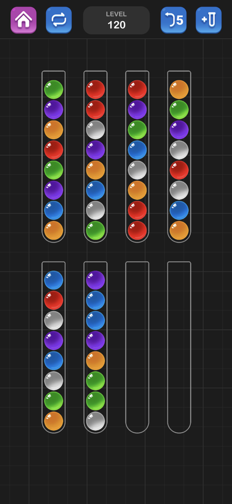 Gameplay interface of Ball Sort Puzzle showing colored balls in tubes to be sorted on level 120.