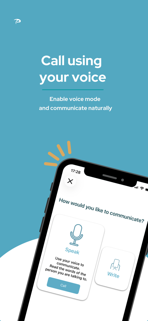 Pedius - Tela do aplicativo Pedius mostrando a opção de ligar usando o modo de voz para comunicação acessível.