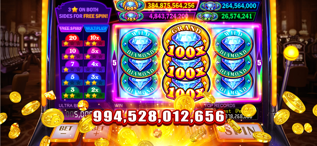 Classic slot machine interface showing a massive diamond jackpot win with golden coins
