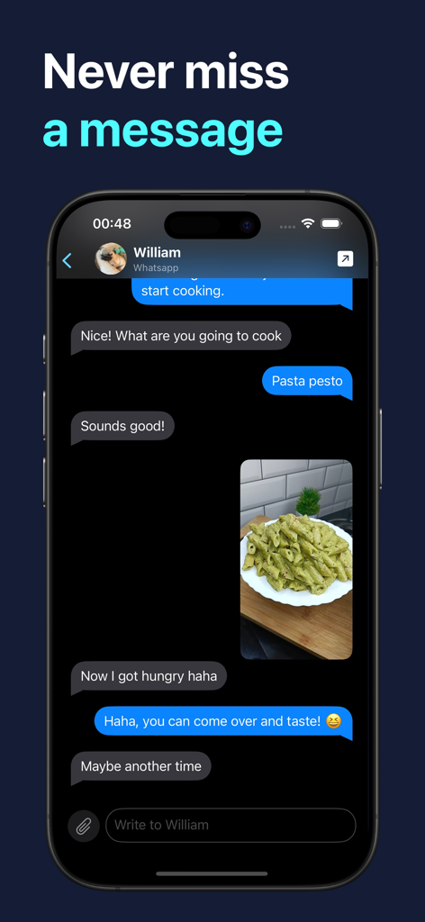 Unora-App, die eine einheitliche Chat-Oberfläche mit einem WhatsApp-Gespräch und einem Foto zeigt
