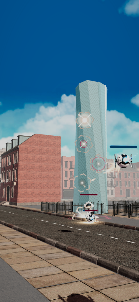 City Demolish: Rocket Smash! - A tall blue building being targeted for demolition in a city street