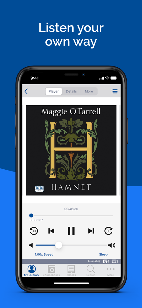 uLIBRARY - uLIBRARY app eAudiobook player interface on a smartphone showing playback controls for the book Hamnet by Maggie OFarrell