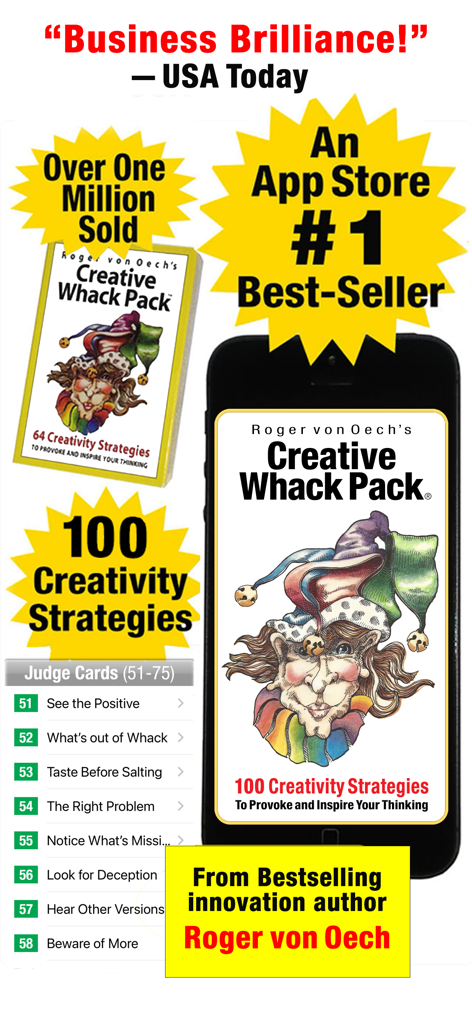 Creative Whack Pack - Promotional screenshot for Creative Whack Pack app showing 100 creativity strategies and App Store best seller badges